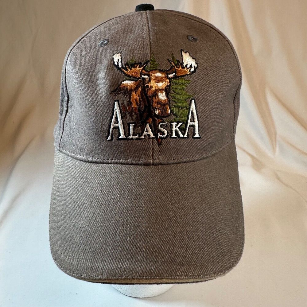 Alaska Embroidered Moose Cap Hat Strapback Gray Cotton Solid Bill USA Made